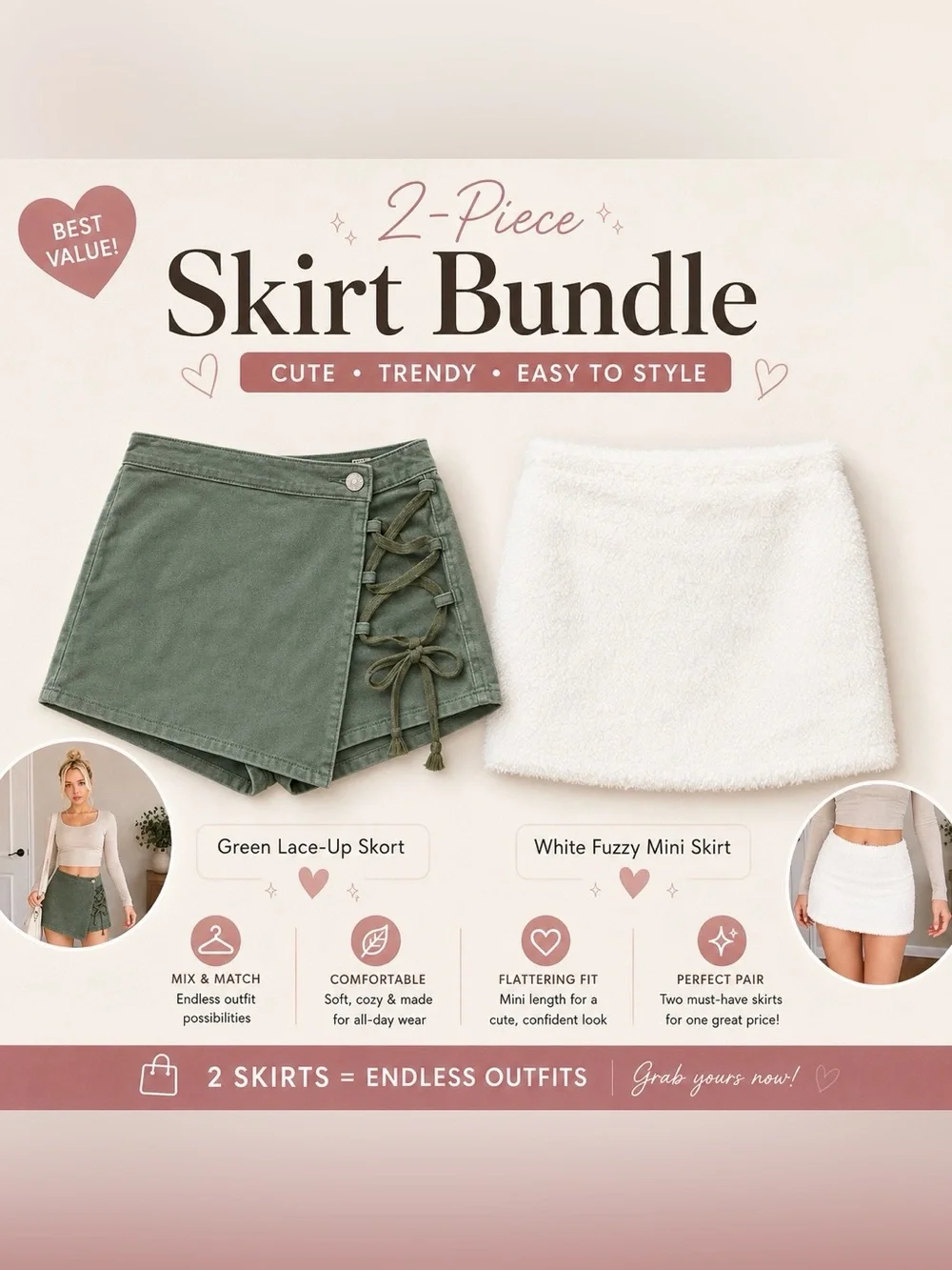 2-Piece Skirt Bundle | Green Lace-Up Skort + White Fuzzy Mini Skirt - Picture 2 of 6